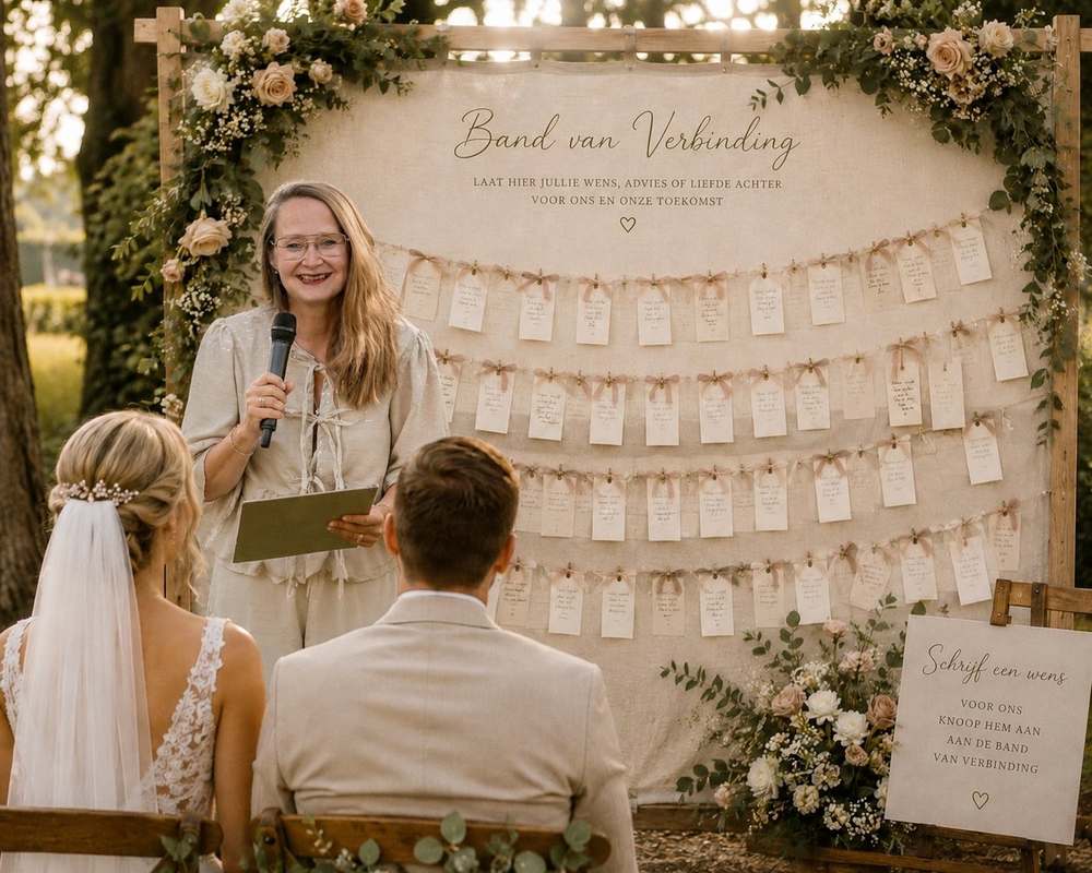 Lizette spreekt de ceremonie uit bij de Wand van Verbinding, met wenskaartjes aan linten bevestigd